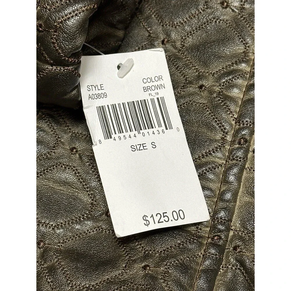 NEW Allen Schwartz Womens Small Lattice Embroidered Brown Faux Leather Jacket